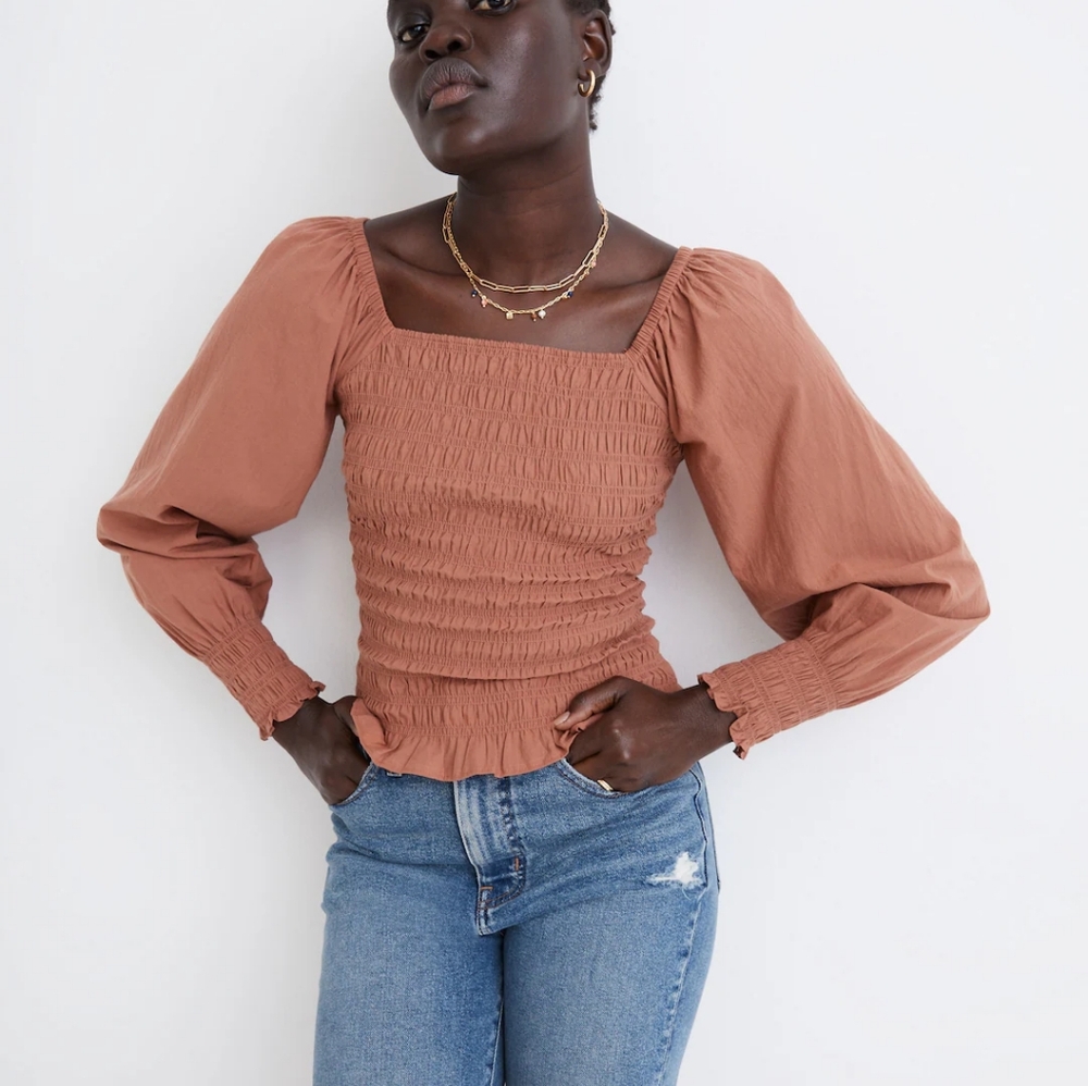 Madewell Lucie Bubble-Sleeve Smocked Top size S